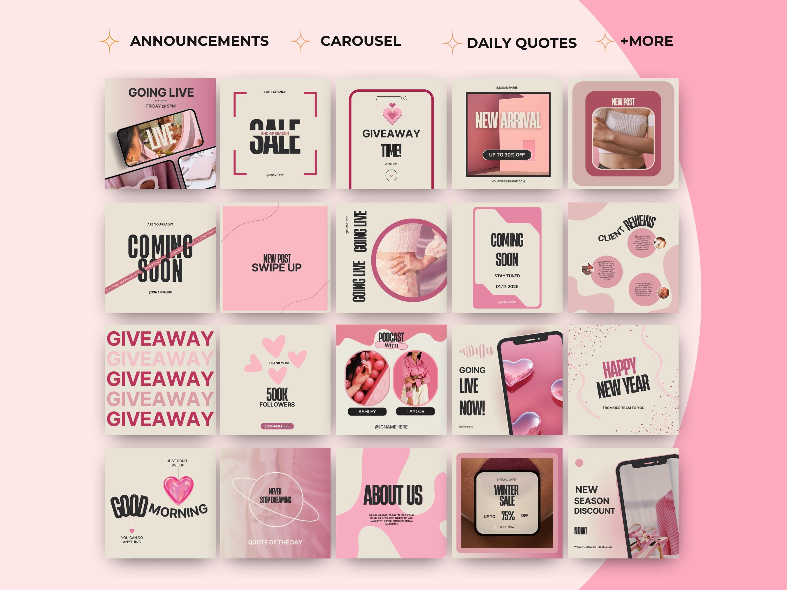 Pink Instagram Post Templates: Canva Social Media Stories (digital ...