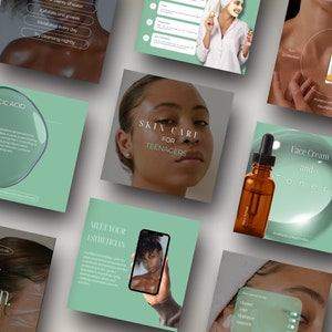 Pode incluir: Uma colagem de imagens que promovem produtos para o cuidado da pele para adolescentes. As imagens mostram close-ups de rostos, produtos para o cuidado da pele e texto sobre rotinas de cuidados com a pele. O texto inclui "Cuidados com a pele para adolescentes", "Benefícios do ácido salicílico", "Conheça sua esteticista", "Vamos falar sobre a pele" e "Creme facial e tônico".