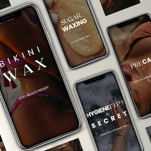 Pode incluir: Uma coleção de telas de smartphone com sobreposições de texto que promovem serviços de depilação de biquíni. As telas apresentam imagens de corpos de mulheres e texto como "Bikini Wax", "Sugar Waxing", "Hygiene Tips & Secret" e "Precare".