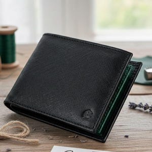 May include: Black leather wallet with a textured finish, featuring a green interior. The wallet is open, revealing the interior. The background includes spools of thread, a bow, and a sprig of lavender, suggesting a handcrafted theme.