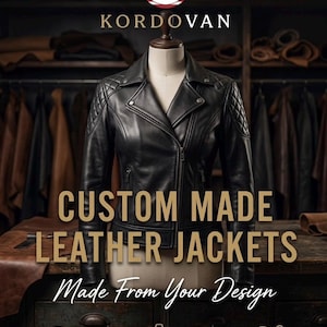 May include: A black leather jacket with a quilted shoulder design is displayed on a mannequin. The jacket has a zipper closure and is labeled "CUSTOM MADE LEATHER JACKETS" with the text "Made From Your Design". The brand logo is visible.