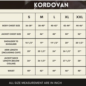 May include: Size chart for a Kordovan jacket, displaying measurements in inches. Includes body chest size, jacket chest size, shoulder to shoulder, arm length (including cuff), jacket back length (below collar), and waist measurements for sizes S to XXL.