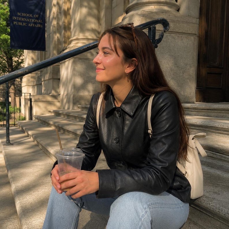 May include: A black leather jacket with a button-up front. The jacket is worn over a light-colored top and paired with light blue jeans. A clear plastic cup with a straw is held in the hands. A white backpack is on the back. The background includes a building with a banner that reads "SCHOOL OF INTERNATIONAL PUBLIC AFFAIRS."