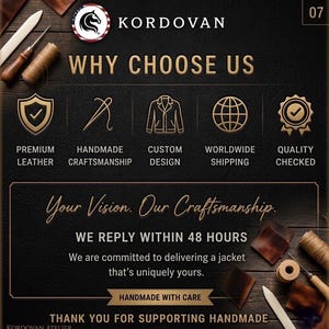 May include: An advertisement for Kordovan leather goods. The image features the text "WHY CHOOSE US" with icons representing premium leather, handmade craftsmanship, custom design, worldwide shipping, and quality checked. The text "Your Vision. Our Craftsmanship" is also present.