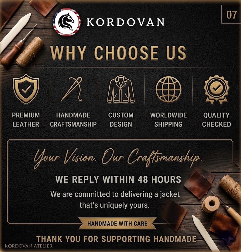 May include: An advertisement for Kordovan leather goods. The image features the text "WHY CHOOSE US" with icons representing premium leather, handmade craftsmanship, custom design, worldwide shipping, and quality checked. The text "Your Vision. Our Craftsmanship" is also present.