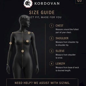 May include: A size guide graphic with the Kordovan logo. It features a mannequin with measurement points for chest, shoulder, sleeve, and length. Text includes "SIZE GUIDE" and "NEED HELP? WE ASSIST WITH SIZING."