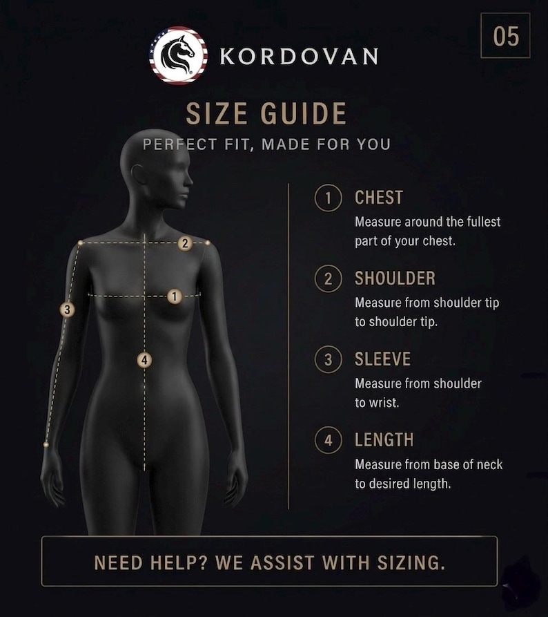 May include: A size guide graphic with the Kordovan logo. It features a mannequin with measurement points for chest, shoulder, sleeve, and length. Text includes "SIZE GUIDE" and "NEED HELP? WE ASSIST WITH SIZING."