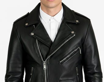 Men's Full Grain Cowhide Leather Moto Jacket – Slim Fit Biker Style, Handmade Black Coat