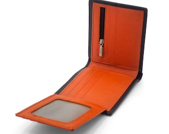 Men's Leather Wallet , The TANGO, Black & Orange RFID protected
