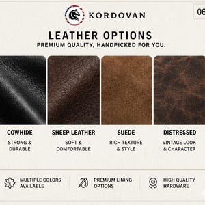 May include: Image showcasing leather options: cowhide, sheep leather, suede, and distressed leather. Each sample is a different color and texture. The text reads "Leather Options" and "Premium Quality, Handpicked for You."