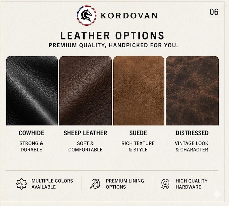 May include: Image showcasing leather options: cowhide, sheep leather, suede, and distressed leather. Each sample is a different color and texture. The text reads "Leather Options" and "Premium Quality, Handpicked for You."