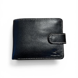 May include: Black leather wallet with white stitching and a snap closure. The wallet has a textured surface and a small logo on the bottom right corner. A classic accessory for carrying cash and cards.
