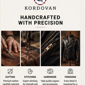 May include: Image showcasing the Kordovan brand, highlighting handcrafted leather jackets. The image details the cutting, stitching, hardware, and finishing processes. Text reads "HANDCRAFTED WITH PRECISION" and "HANDMADE BY EXPERT ARTISANS."