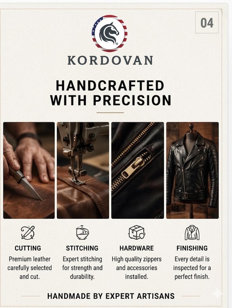 May include: Image showcasing the Kordovan brand, highlighting handcrafted leather jackets. The image details the cutting, stitching, hardware, and finishing processes. Text reads "HANDCRAFTED WITH PRECISION" and "HANDMADE BY EXPERT ARTISANS."