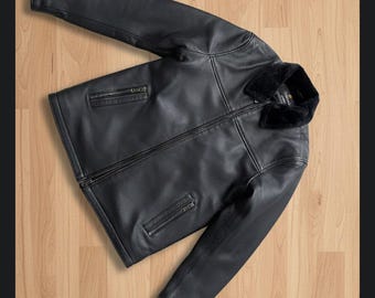 Mens Sheep Leather Jacket, Handmade with Faux Fur Lining & Collar