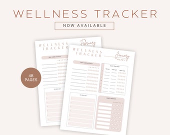 May include: A printable wellness tracker with 48 pages. The tracker includes sections for self-care activities, sleep tracking, and habit tracking. The pages are labeled with the months January and February.