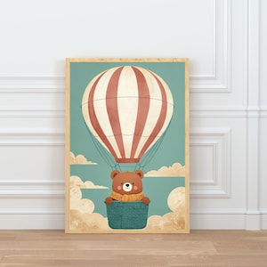 Gender Neutral Hot Air Balloon Nursery Wall Art Adventure Nursery Theme For Boy Minimalist Nursery Print Cute Bear Art For Boy Nursery Decor