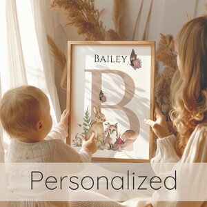 Stampa artistica da parete con nome personalizzato per la cameretta dei bambini, idea per regalo per baby shower, decorazione da parete con cervo del bosco e orso, decorazione per cameretta dei bambini, cartello con nome personalizzato