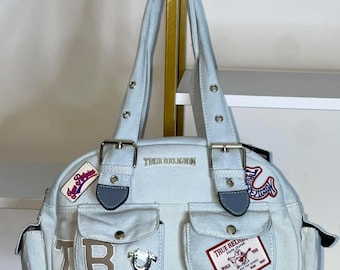 True Religion Multi-Patch Light Denim Satchel Shoulder Bag