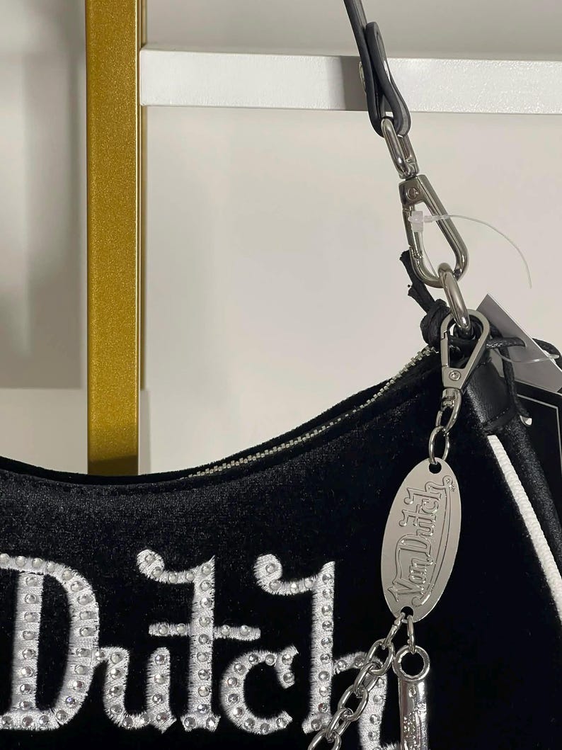 Von Dutch BLACK & WHITE RHINESTONE Velvet Shoulder Bag 画像 5