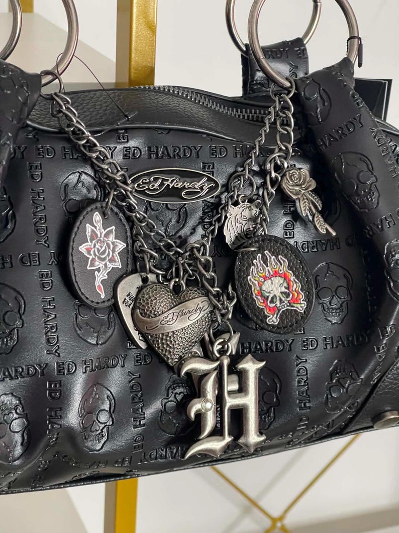 ED HARDY Black Skull Y2K Shoulder Bag Purse With Charms image 2