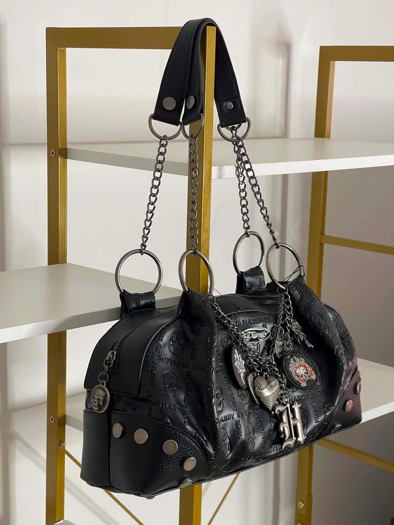 ED HARDY Black Skull Y2K Shoulder Bag Purse With Charms image 4