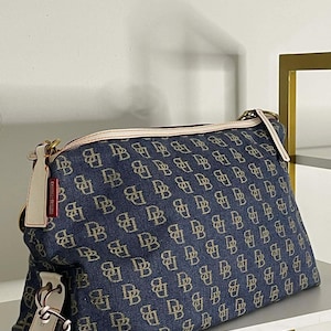 Borsa A Tracolla Dooney &amp; Bourke Denim Monogramma Pelle Nera Vintage Anni 90