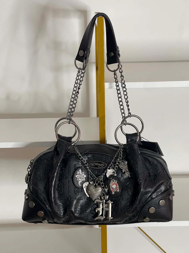 ED HARDY Black Skull Y2K Shoulder Bag Purse With Charms image 7