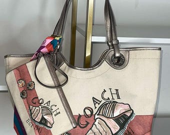 Coach Bag Beach Seashell Shoulder RARE  Natural Canvas Tote With Matching Wristlet & Scarf 3 Piece Set