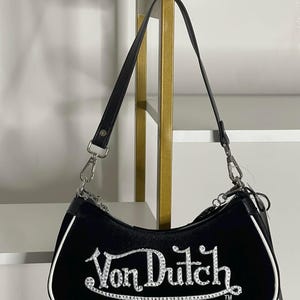 Von Dutch BLACK & WHITE RHINESTONE Velvet Shoulder Bag 画像 3