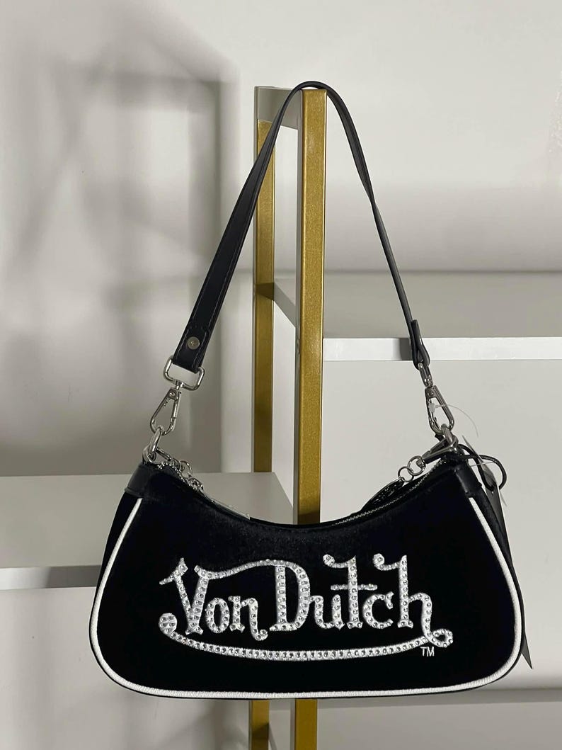 Von Dutch BLACK & WHITE RHINESTONE Velvet Shoulder Bag 画像 3