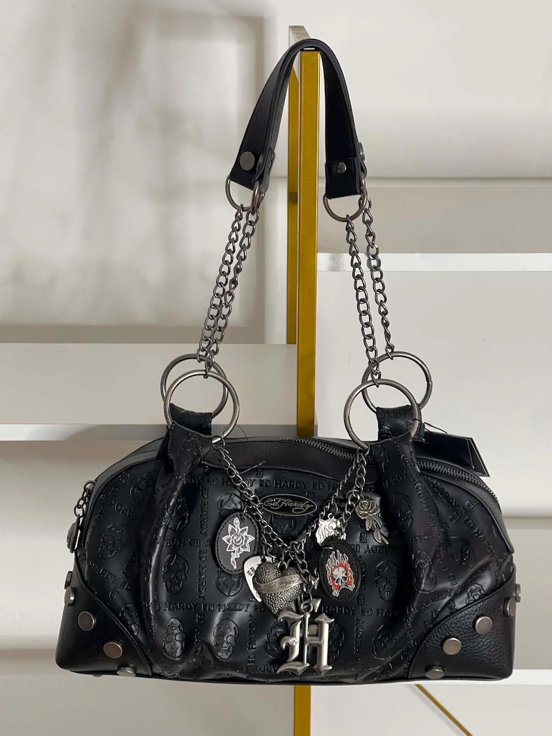 ED HARDY Black Skull Y2K Shoulder Bag Purse With Charms image 1
