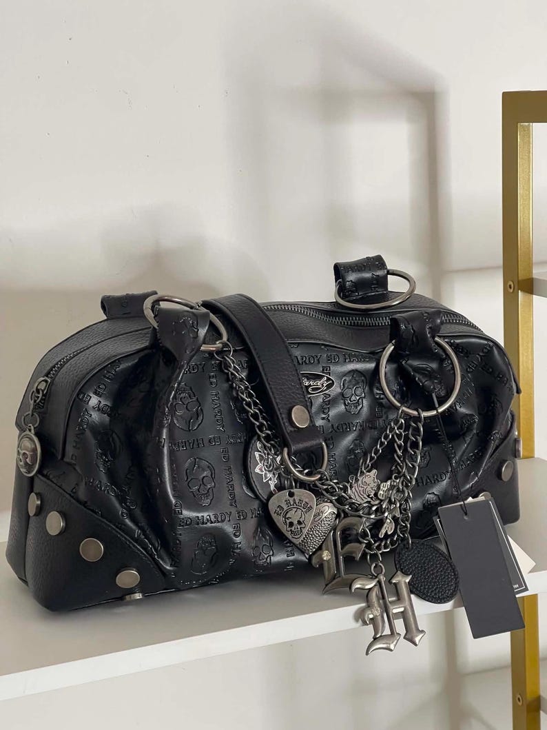 ED HARDY Black Skull Y2K Shoulder Bag Purse With Charms image 5