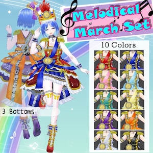 Peut inclure: Illustration numérique d'un personnage en uniforme de fanfare. La tenue est rouge, bleue et dorée, avec un chapeau à plumes et des notes de musique. L'image comprend le texte "Melodical March Set" et "10 Couleurs."