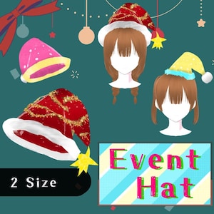 May include: Three different styles of Christmas hats, including a red and white Santa hat with gold trim, a yellow and blue hat with a star, and a pink and yellow hat with white polka dots. The text "Event Hat" and "2 Size" are also visible in the image.