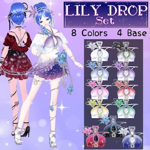 Peut inclure: Ensemble de mode numérique "LILY DROP" avec 8 variations de couleurs et 4 modèles de base. L'image présente un modèle portant une robe violette et blanche avec des accents floraux bleus. D'autres robes de différentes couleurs sont affichées.
