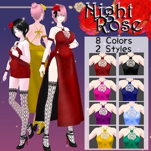 Könnte beinhalten: Digitale Illustration von drei Figuren im Anime-Stil, die Kleider tragen. Die Kleider sind rot, gelb und rot. Das Bild zeigt auch acht Farbvarianten eines Neckholder-Kleides mit zwei Stilen. Der Text "Night Rose" steht oben.