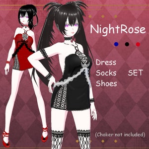 Vroid NightRose Set. sexy dress, Cute outfit, rose costume, net, Vtuber, beautiful lace