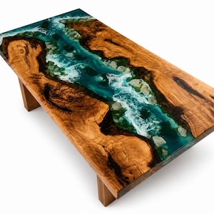 Live Edge Walnut Epoxy River Salontafel, Ocean Wave Resin Meubilair