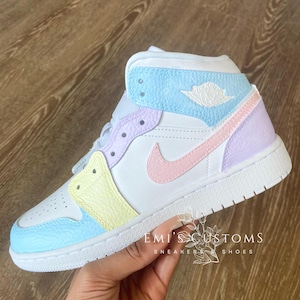 Custom Nike Air Jordan 1 Mid Sneakers - Hot Pink Block Pastel Purple Pastel Pink Sky Blue and Butter Yellow