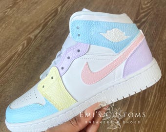 Custom Nike Air Jordan 1 Mid Sneakers - Hot Pink Block Pastel Purple Pastel Pink Sky Blue and Butter Yellow