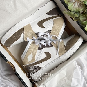 Custom Nike Air Jordan 1 Mid Sneakers - Brown and Cream Tan Beige