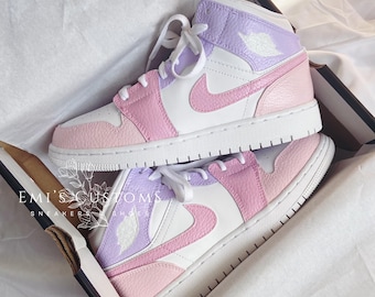 Custom Nike Air Jordan 1 Mid Sneakers - Hot Pink Block Pastel Purple
