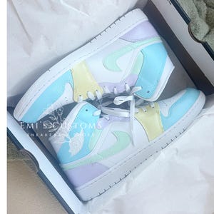 Custom Nike Air Jordan 1 Mid Sneakers - Light Pastel Blue with Mint Green, Lavender Purple, and Butter Yellow Paneling image 3