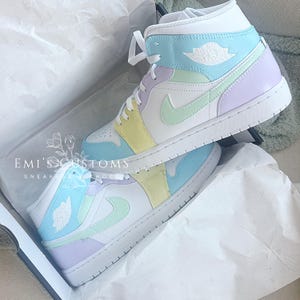 Custom Nike Air Jordan 1 Mid Sneakers - Light Pastel Blue with Mint Green, Lavender Purple, and Butter Yellow Paneling image 1