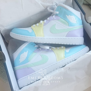 Custom Nike Air Jordan 1 Mid Sneakers - Light Pastel Blue with Mint Green, Lavender Purple, and Butter Yellow Paneling image 2