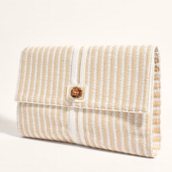 White And Beige Weaved Large Fold Over Clutch/purse