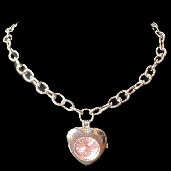 Sterling Silver Pink Heart Watch Necklace