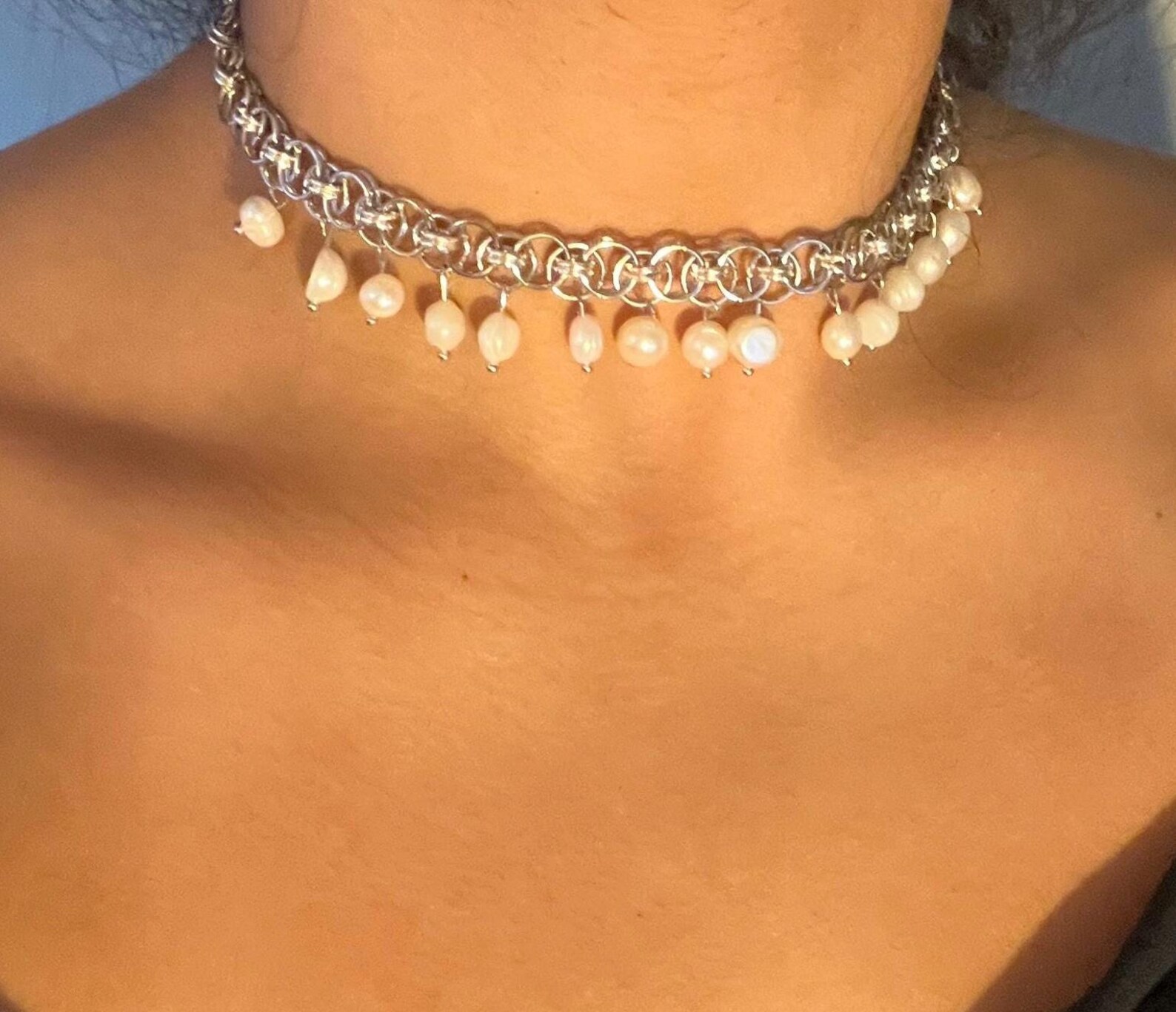 Freshwater Pearl Silver Chain Mail Choker Necklace Etsy — free download