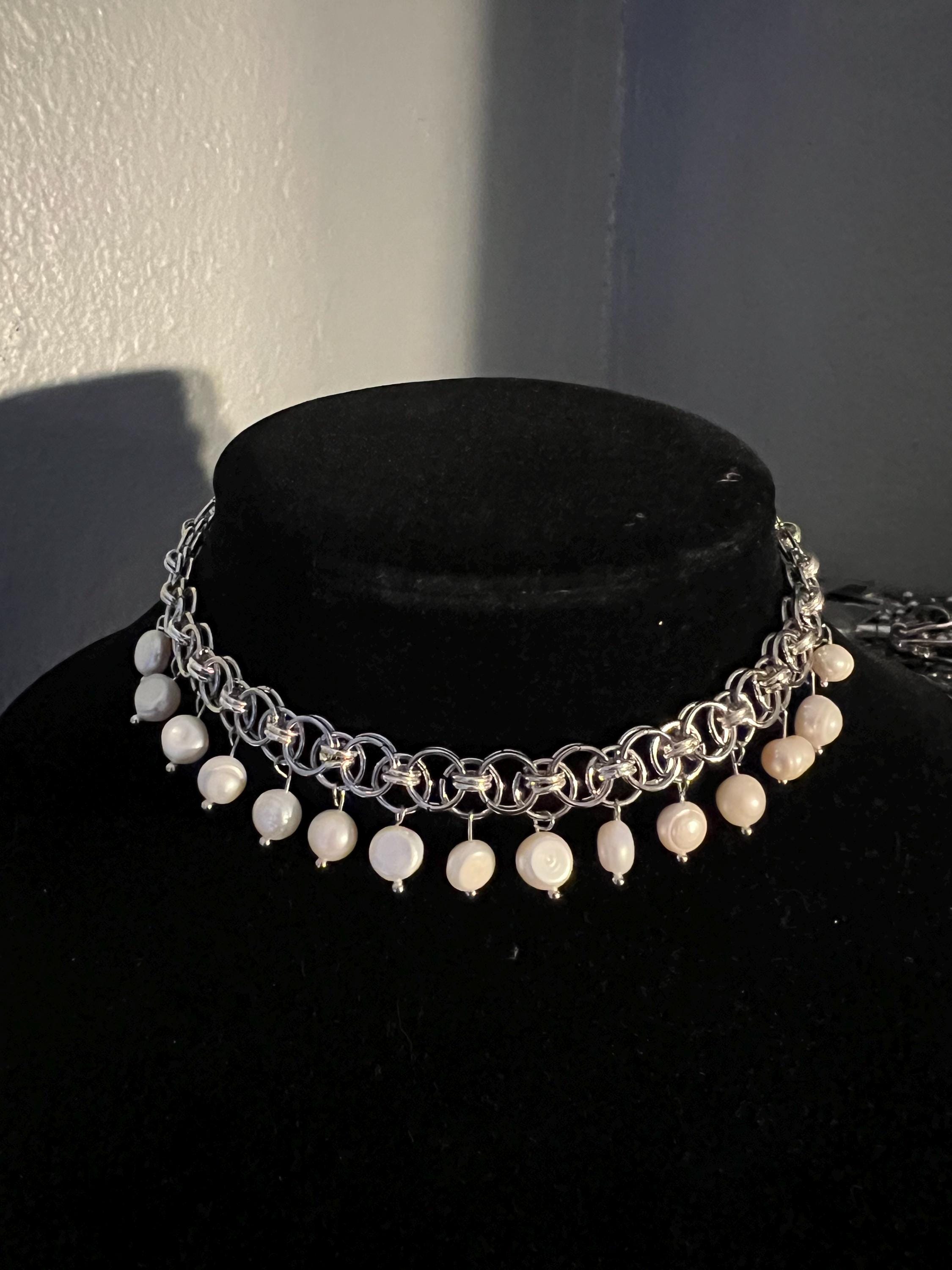 Freshwater Pearl Silver Chain Mail Choker Necklace Etsy — free download